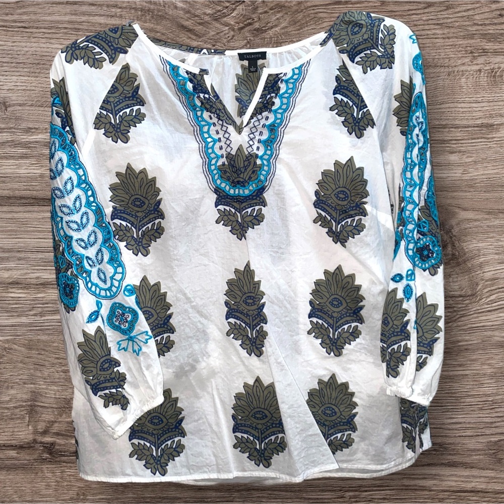 Talbots Blouse w/ Teal White Gray Black Floral Medallion 3/4 Sleeve V Neck